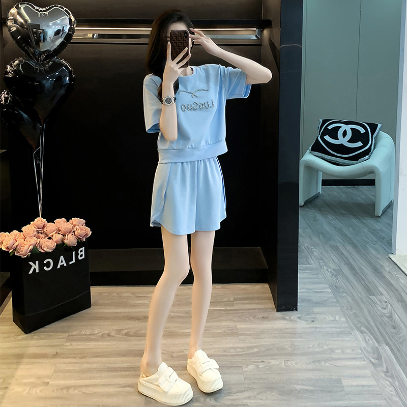48小时发货套装女夏洋气减龄蓝色显白短袖高腰短裤两件套显瘦气质