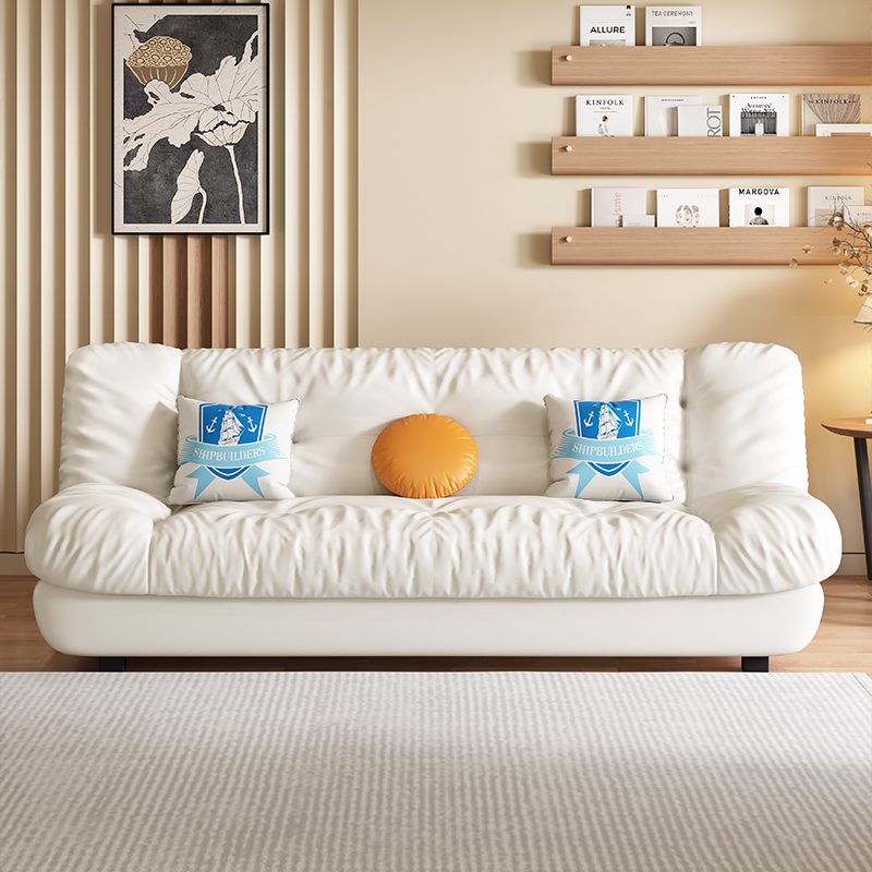 唐属猫爪皮实木奶油风云朵多功能两用折叠沙发床客厅直排双人沙发