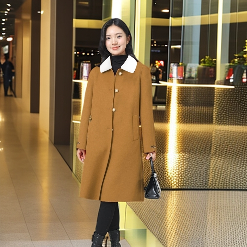 发明专利研发服装新款可脱卸水貂领双面呢中长大衣毛呢装服饰外套