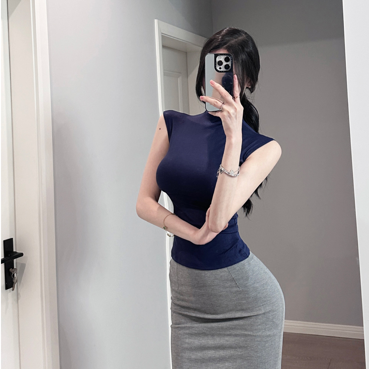 Zoey/韩漫熟女 气质无袖背心t恤女性感上衣纯欲紧身打底衫夏