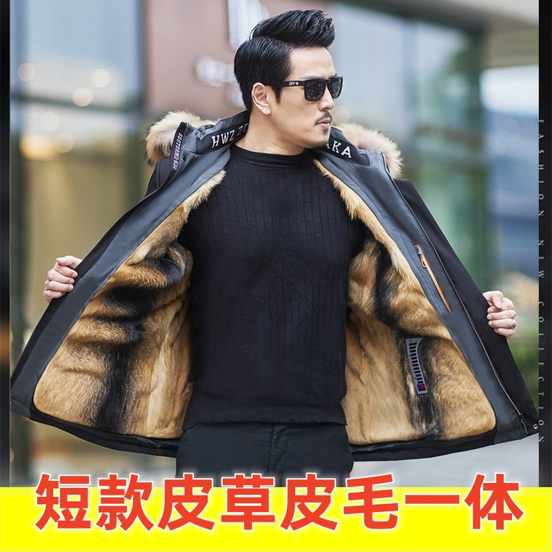 男士真皮草派克服男短款皮毛一体冬季外套海宁加厚保暖上衣防寒服