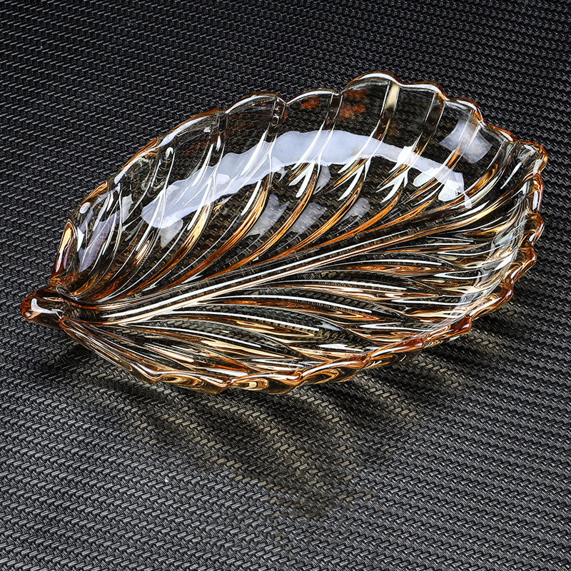【小水专属】汐岸金色羽毛叶子干果盘水晶无铅玻璃家用大号干果盘子