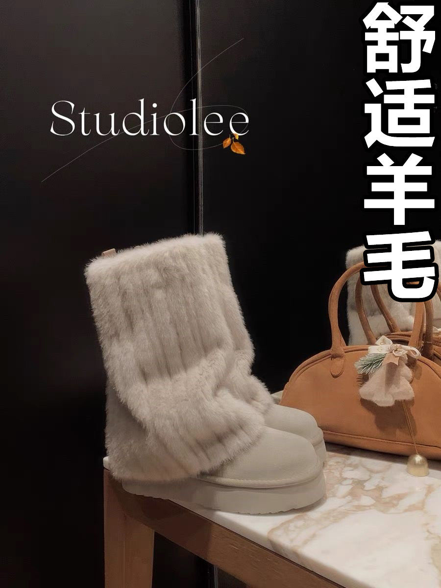 时髦圆头毛毛拼接保暖增高厚底雪地靴