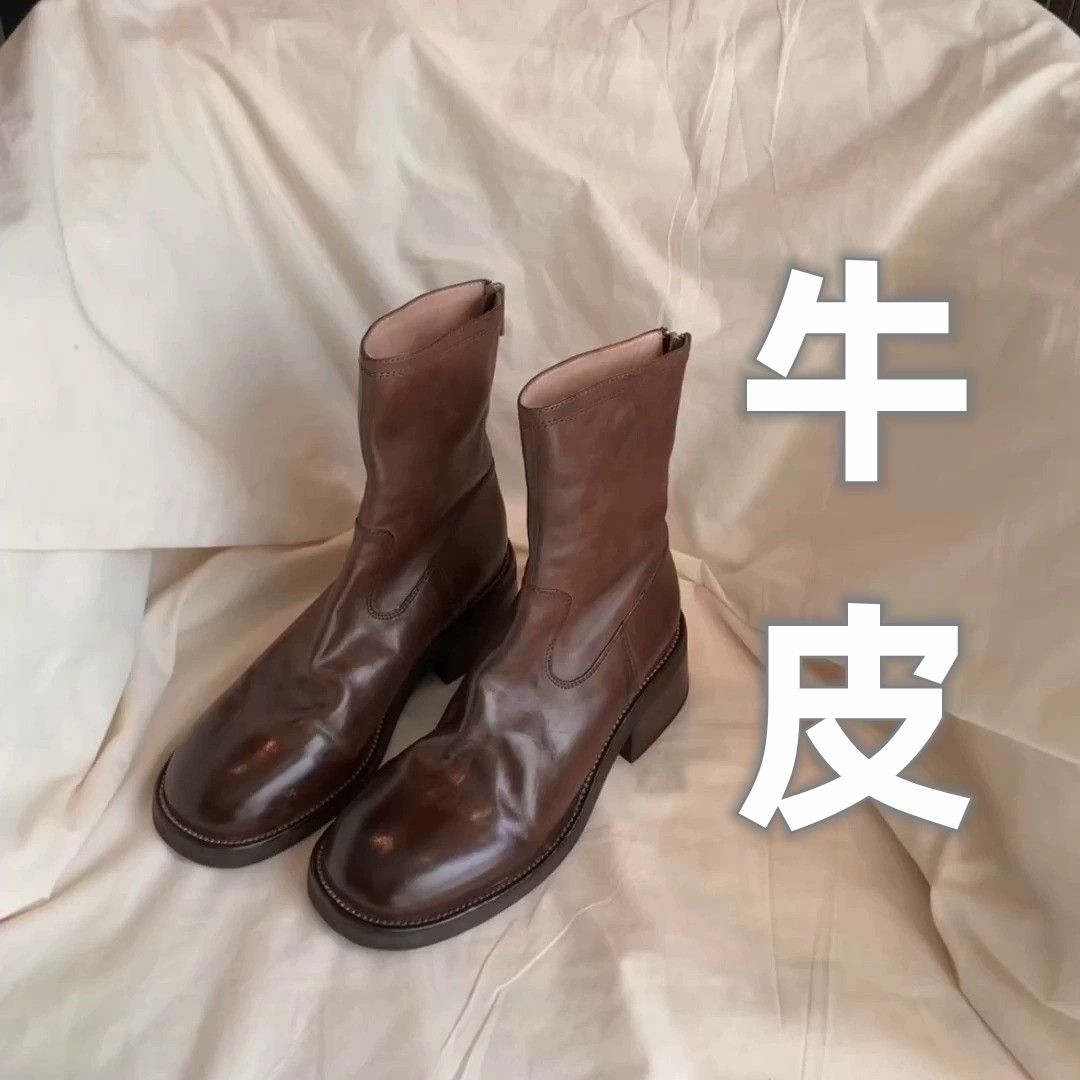 全牛皮~手工复古真皮瘦瘦短靴女粗跟后拉链棕色小个子显高马丁靴