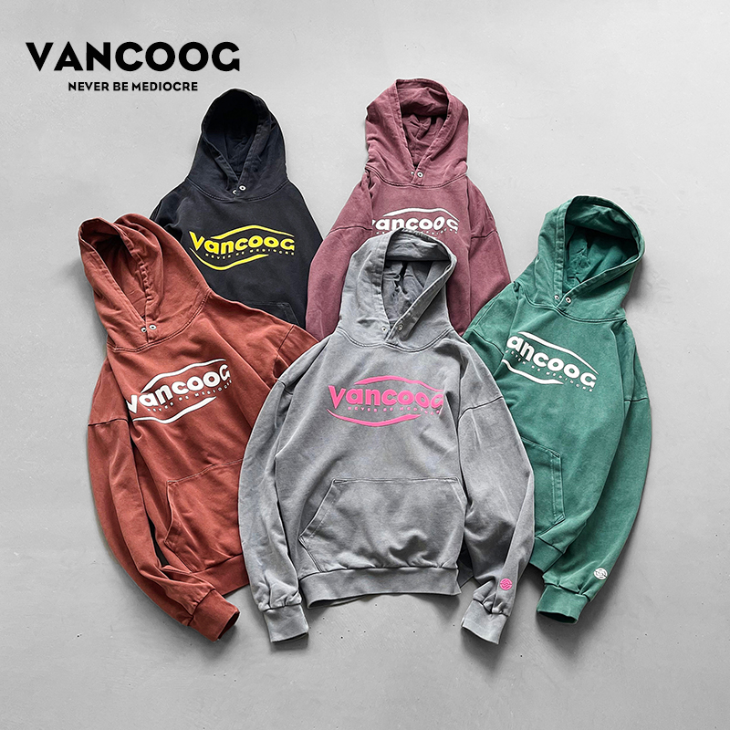 VANCOOG秋冬美潮牌重磅炒盐做旧立体字母印花帽衫宽松连帽卫衣男