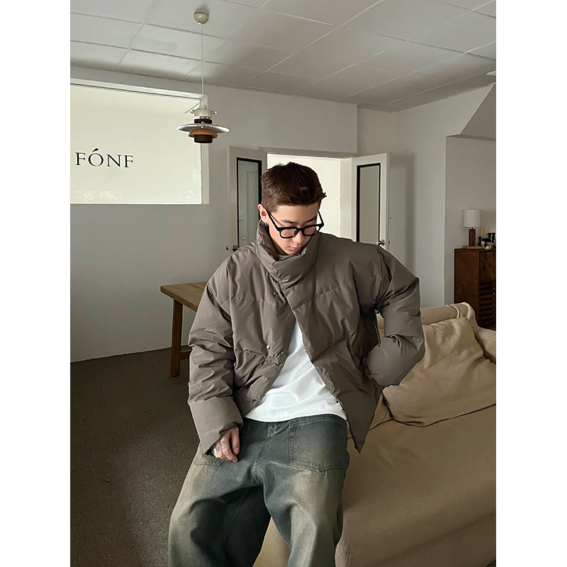 美拉德美式复古立领棉服加厚保暖pu皮质宽松高领冬季纯色面包服