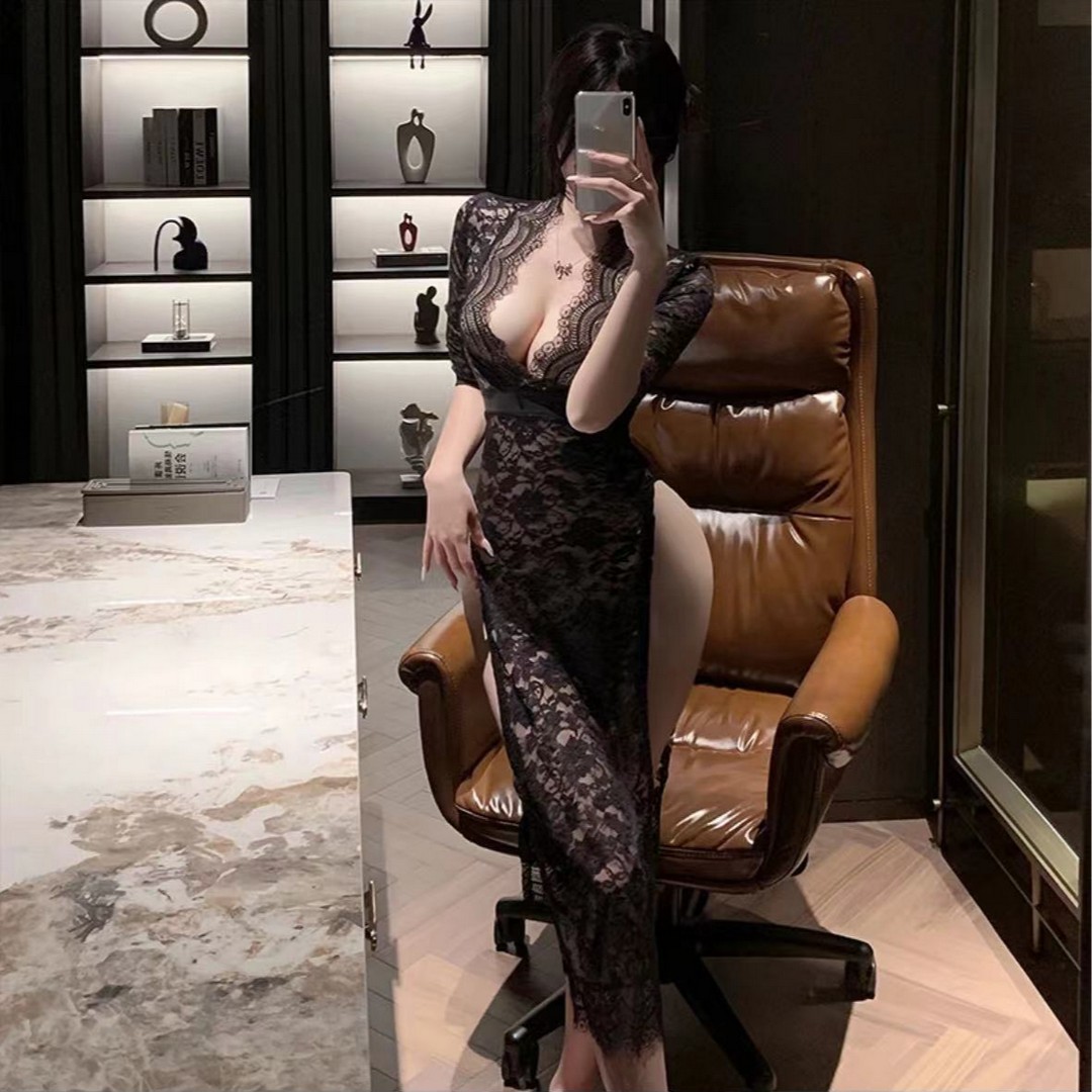 性感尤物情侣内衣性感睡衣蕾丝旗袍深V高开叉透视睡裙长款镂空战