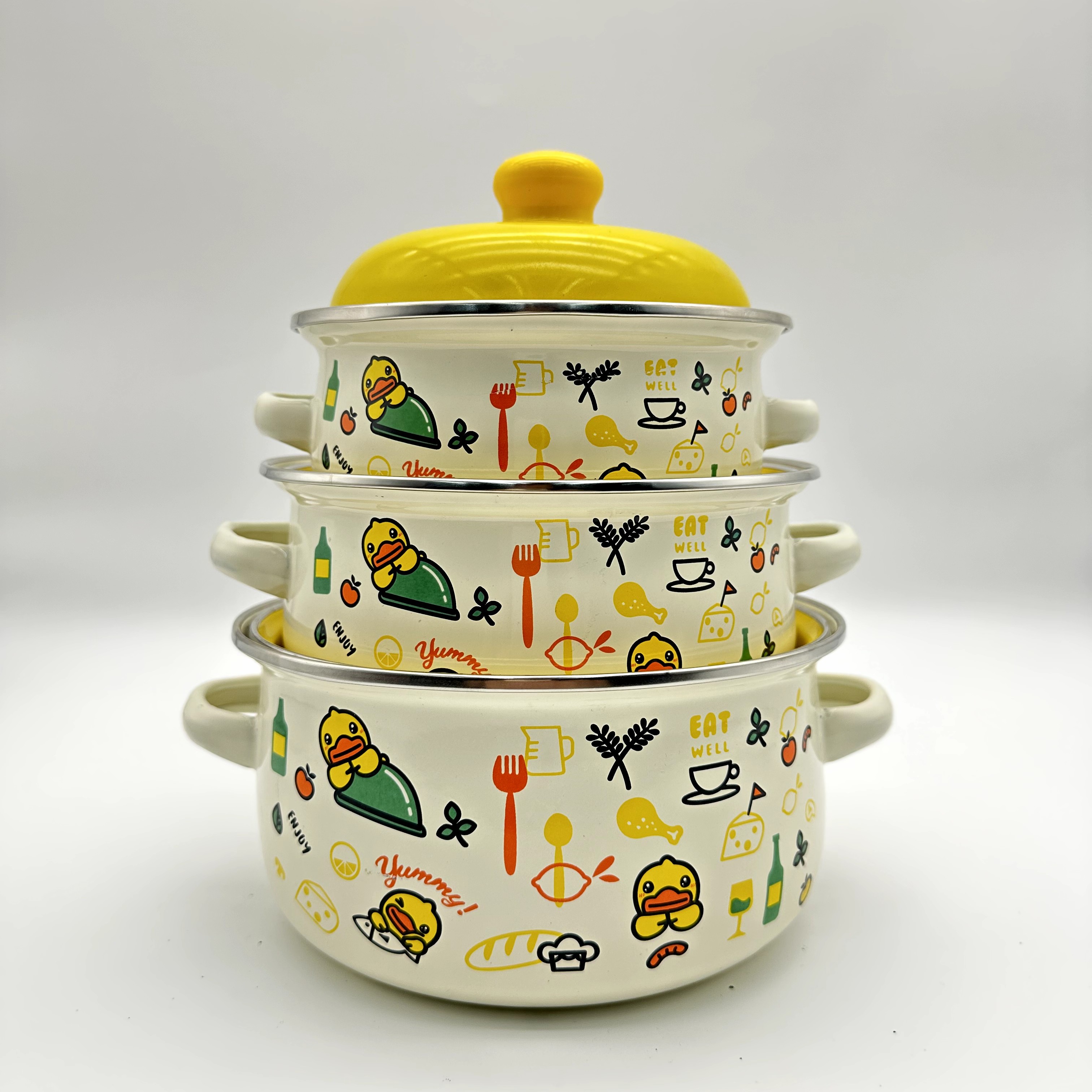 【124】小黄鸭三件套福锅搪瓷发廊汤锅双耳套锅明火电磁炉通用手工