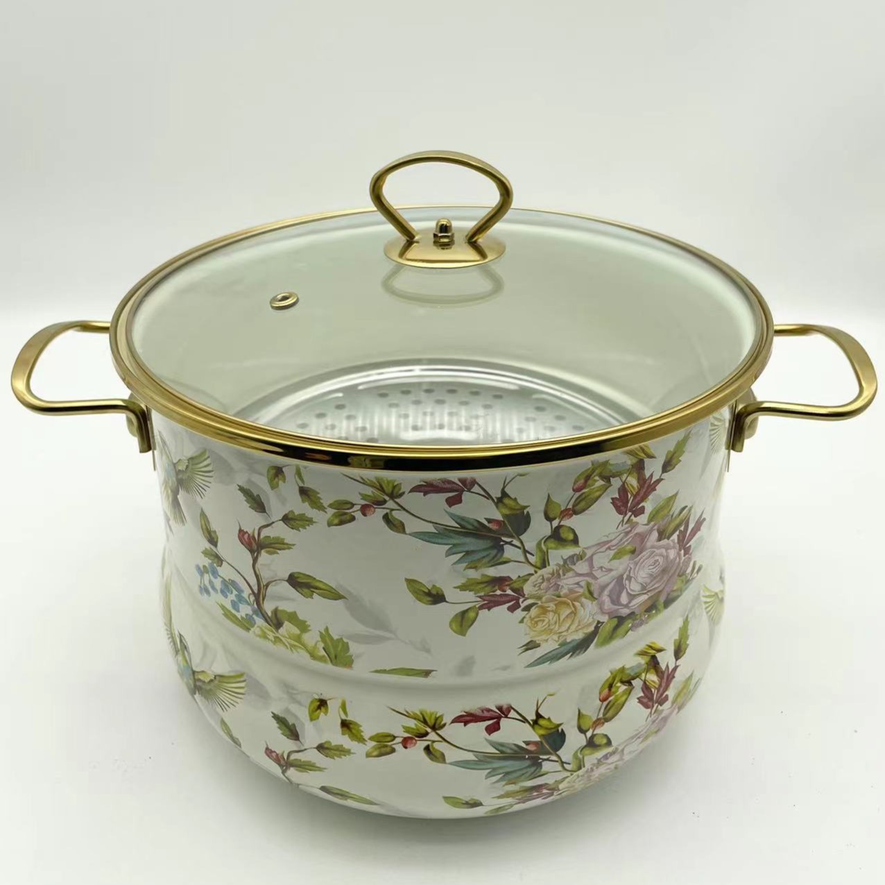 【176】直径26cm花鸟系列单层搪瓷珐琅加厚蒸锅蒸屉明火电磁炉通用