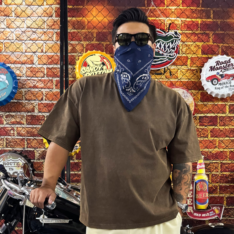 核爆炸复古磨烂炒盐做旧重磅全棉宽松落肩古铜色黑色蓝色短袖t恤