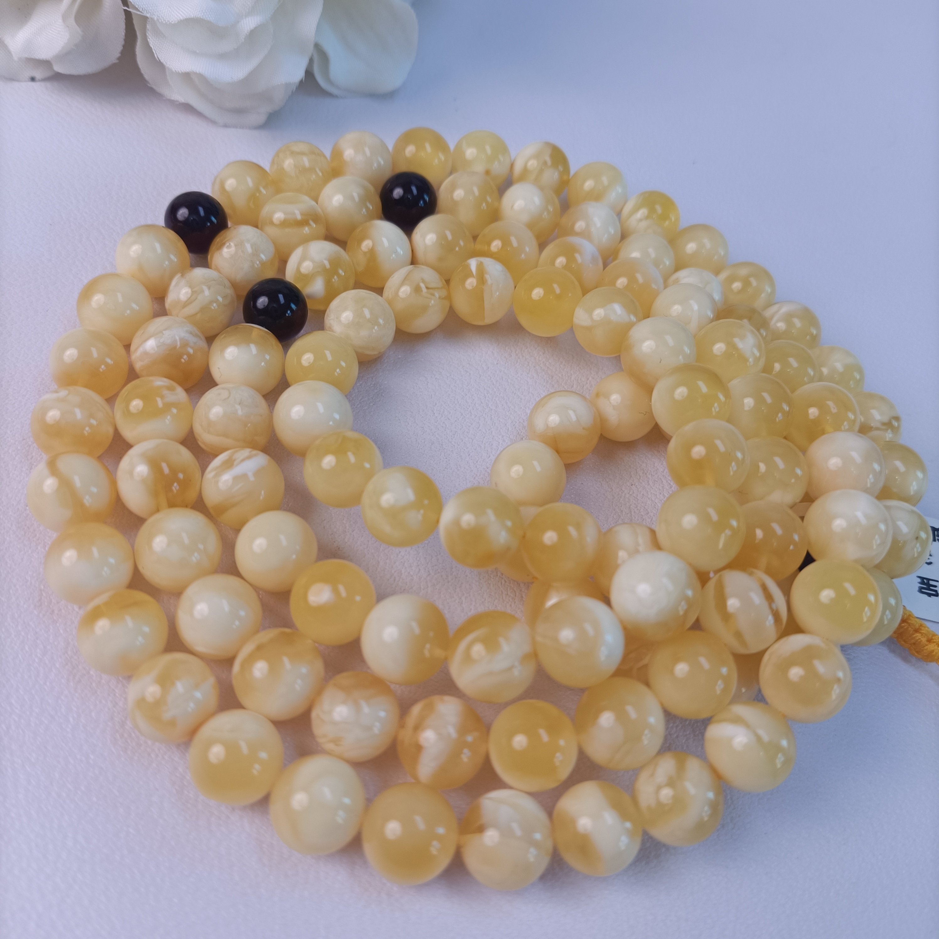 俄料蜜蜡金白溶洞妖花9+规格精品高货108佛珠多圈手串~3930