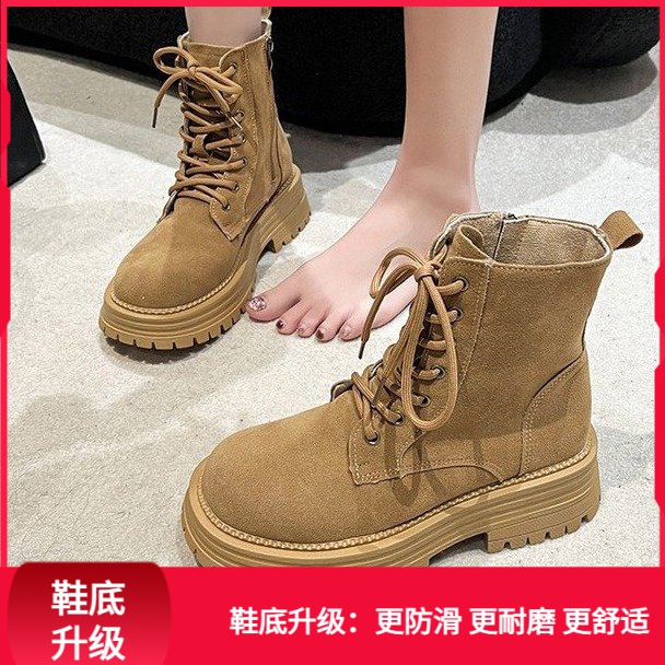 回力潮品冬季2023新款女厚底大黄靴工装侧拉链短靴复古系带马丁靴