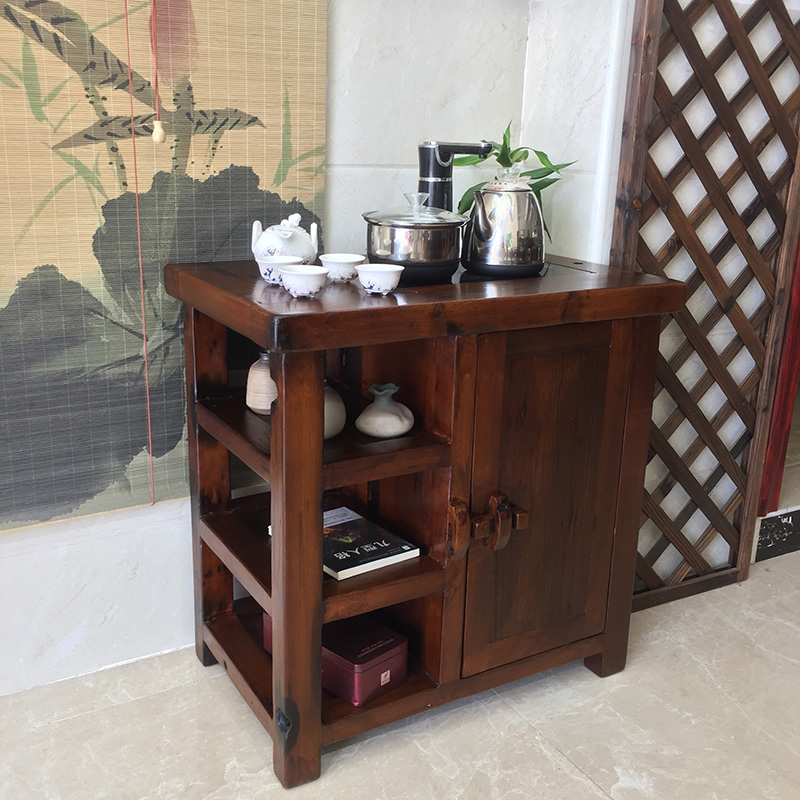 老船木茶水柜带电磁炉置物架实木茶桌边柜侧柜茶叶柜客厅简约现代