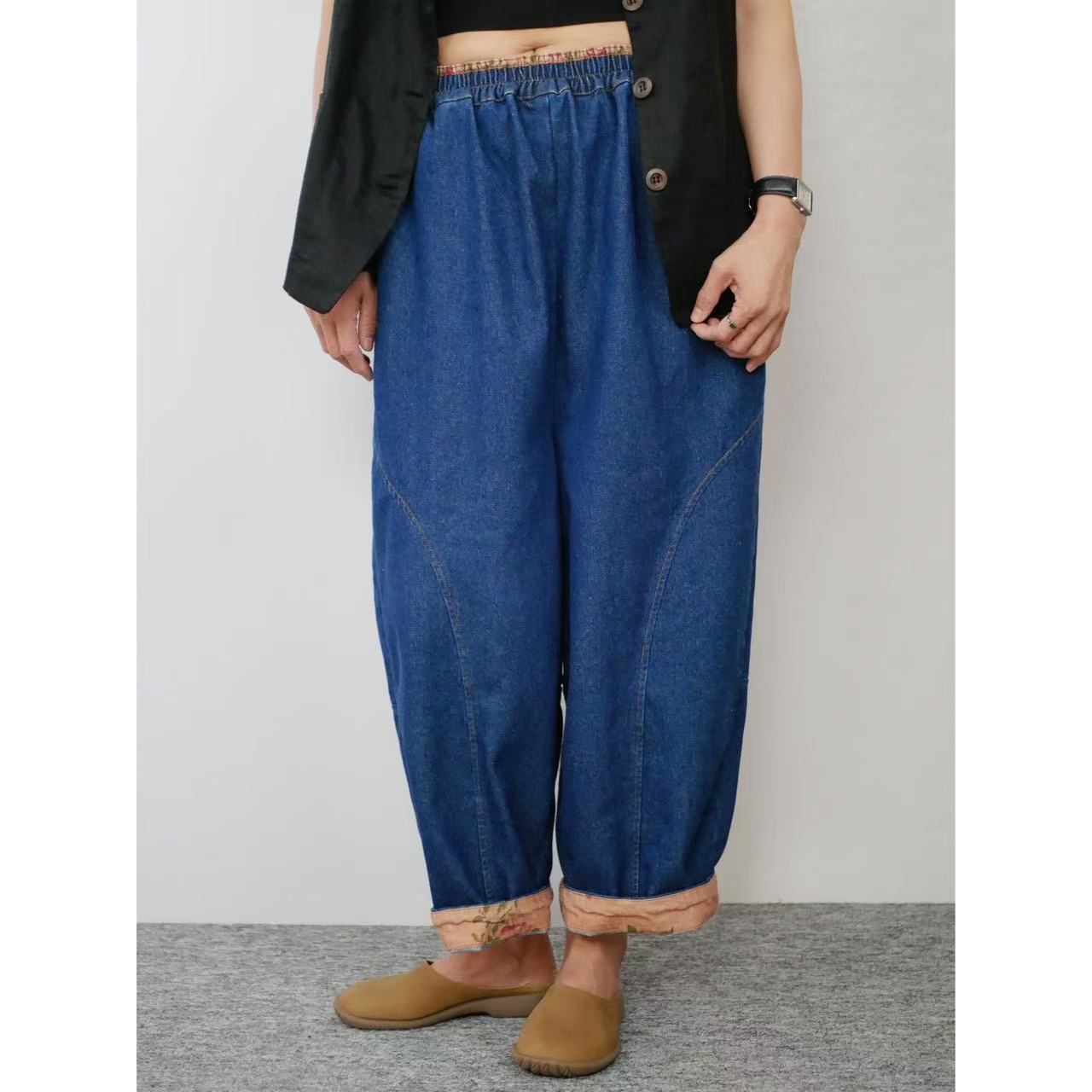 福禧·爱尼秋冬季新版设计款复古工业蓝腰头撞色牛仔老爹裤1016