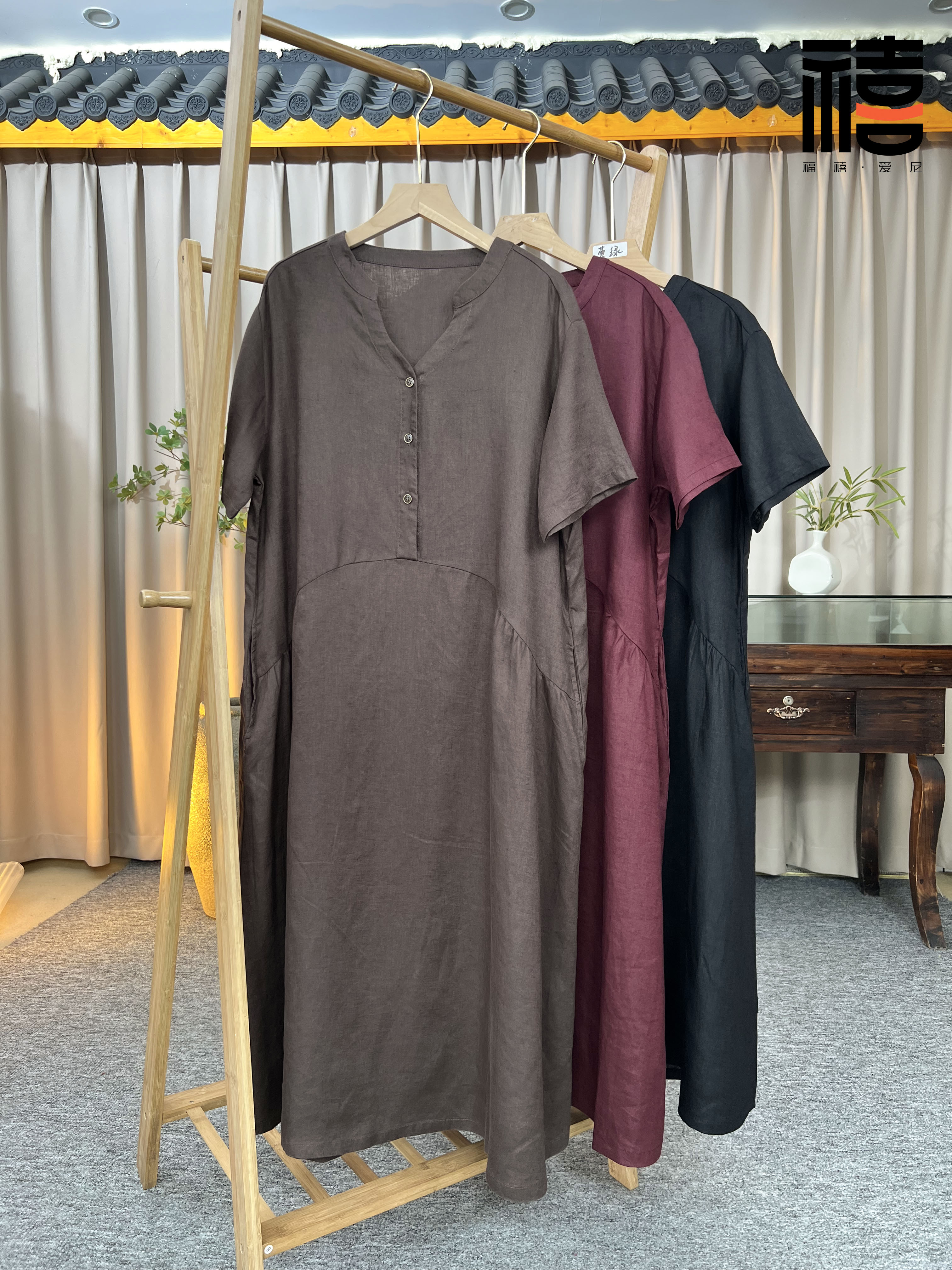 夏季新款时尚百搭纯色亚麻连衣裙089