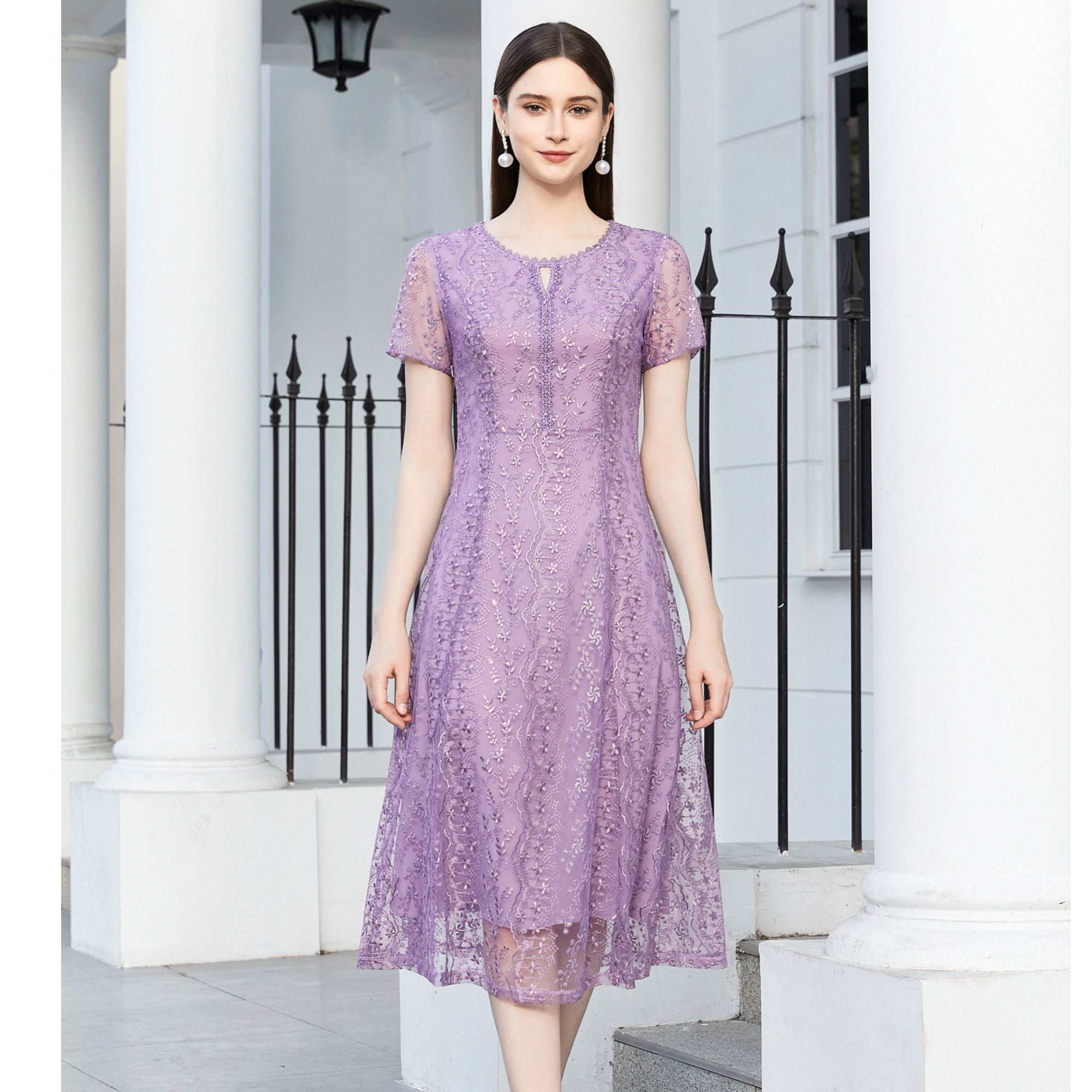 卓金来2024中年妈妈装中长款透气短袖蕾丝女装连衣裙249512