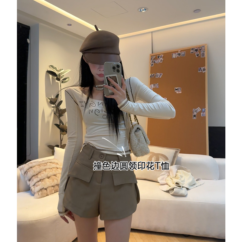 孙妍新款【明线玩调Tee】休闲设计感小众撞色明线圆领字母印花T恤