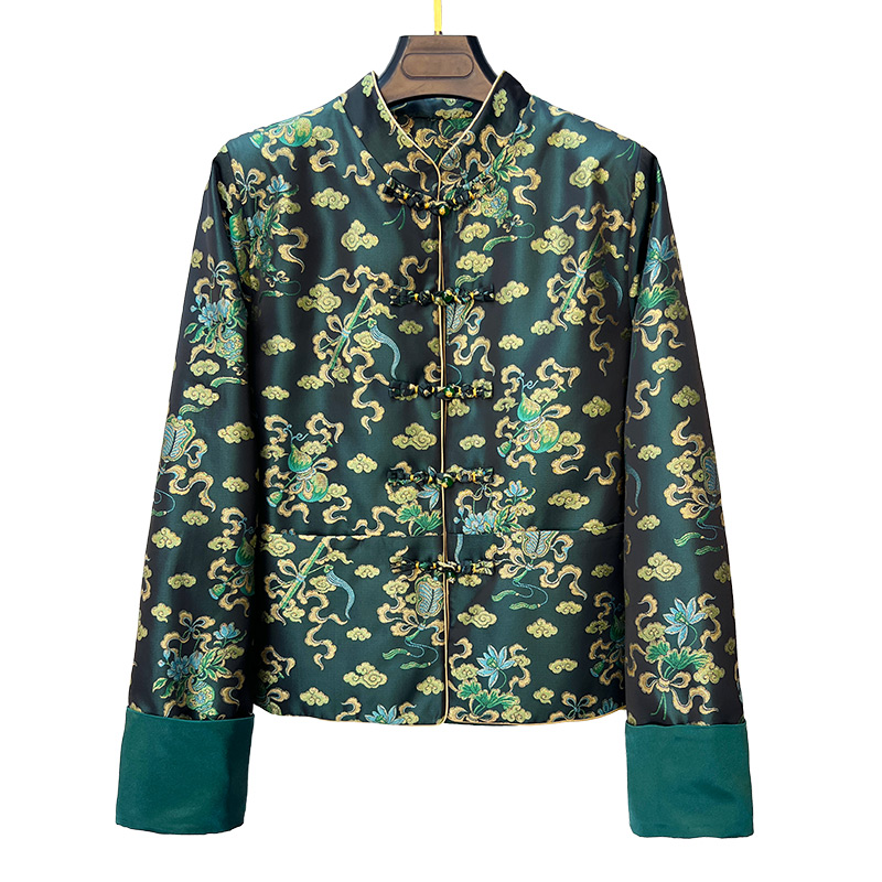 新中式国风加棉绿色宋锦外套女2025秋冬新款时尚复古唐装盘扣上衣