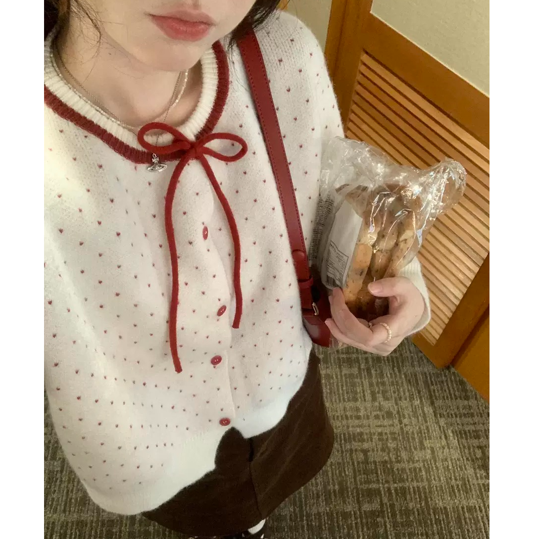 红色波点外搭短款毛衣外套女秋季2025新款韩系小个子针织开衫上衣