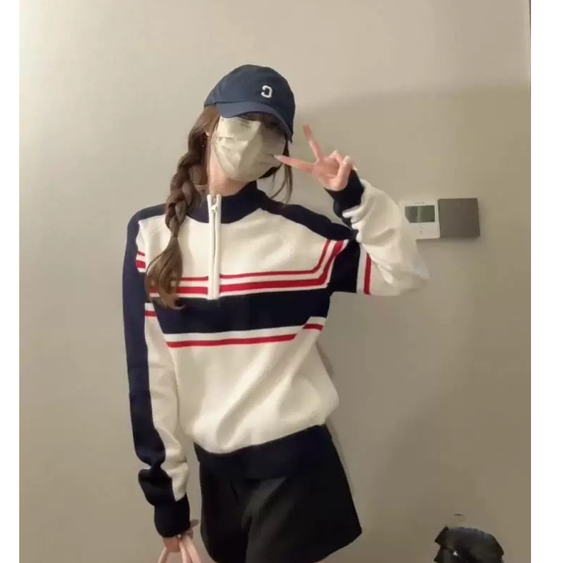 韩系复古撞色半拉链休闲运动针织衫毛衣女秋冬拼接慵懒风条纹上衣