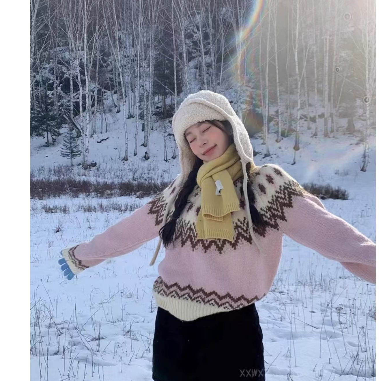 韩系软糯费尔岛粉色毛衣女秋冬加厚奶呼呼高级感套头宽松慵懒上衣