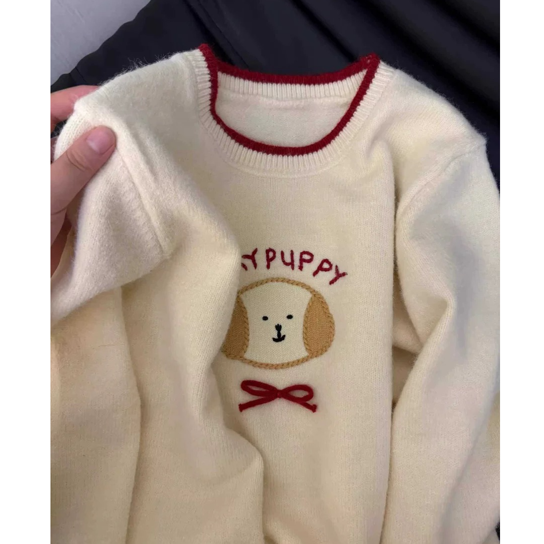 早秋超可爱蝴蝶结小狗图案软糯毛衣女冬季2025新款圆领针织衫上衣