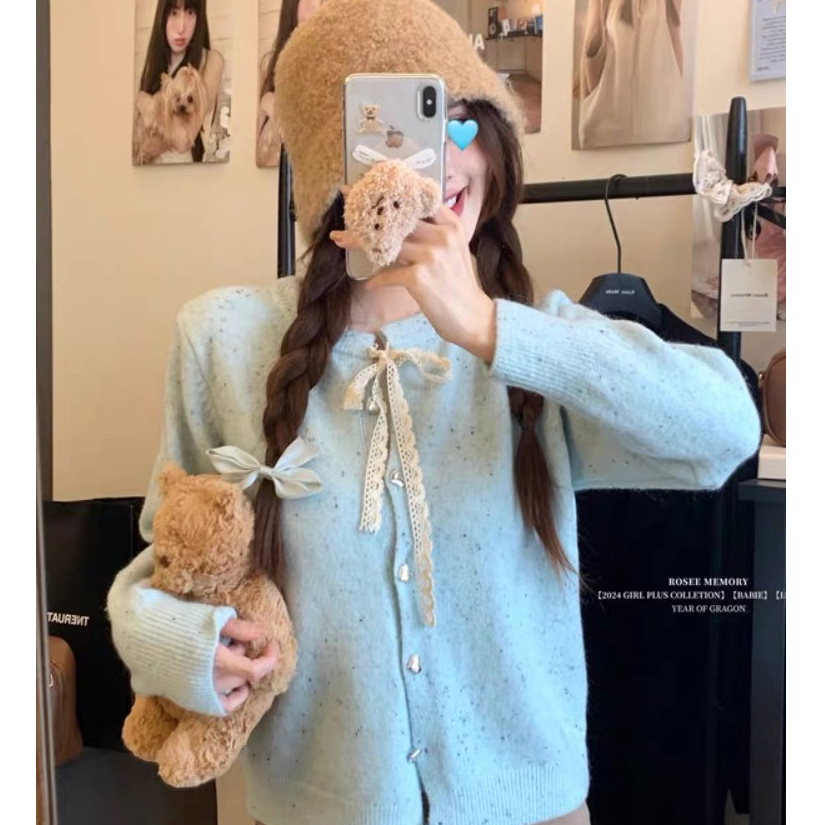 蝴蝶结系带软糯韩系蓝色毛衣开衫外套女秋冬小个子甜美单排扣针织