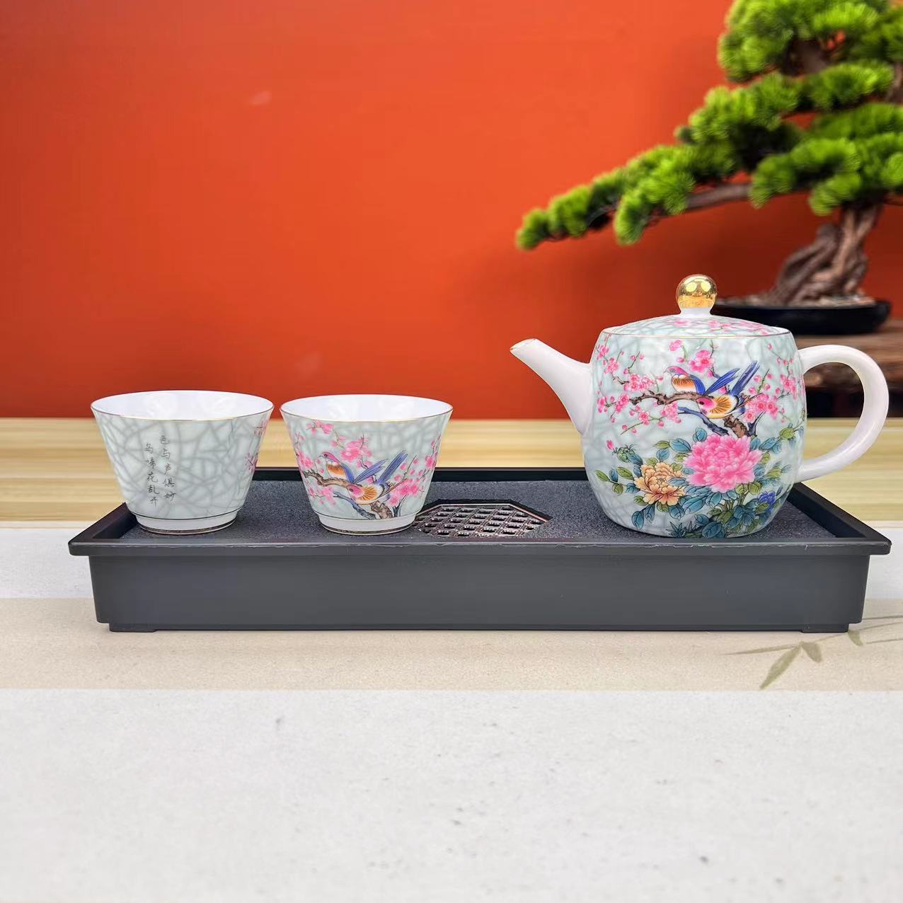 珐琅彩喜上眉梢高档大容量茶壶(送两杯+茶盘)JS