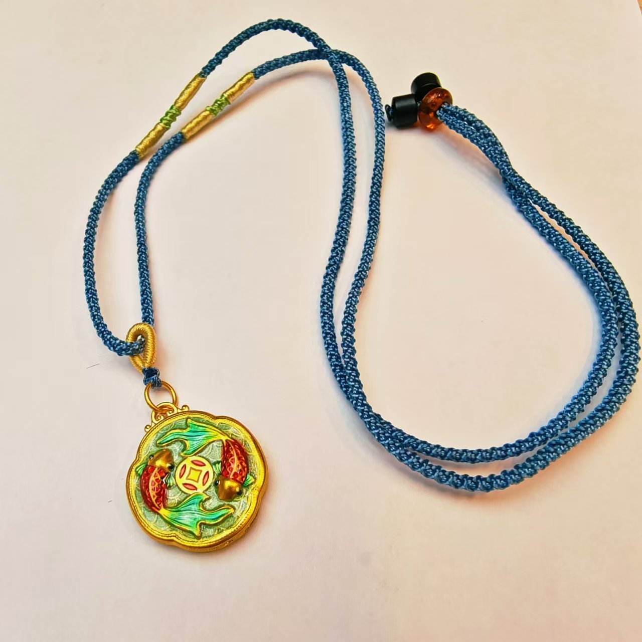 123#足金999 黄金珐琅彩前程似锦双鱼吊坠 手工编绳 时尚镶嵌精美