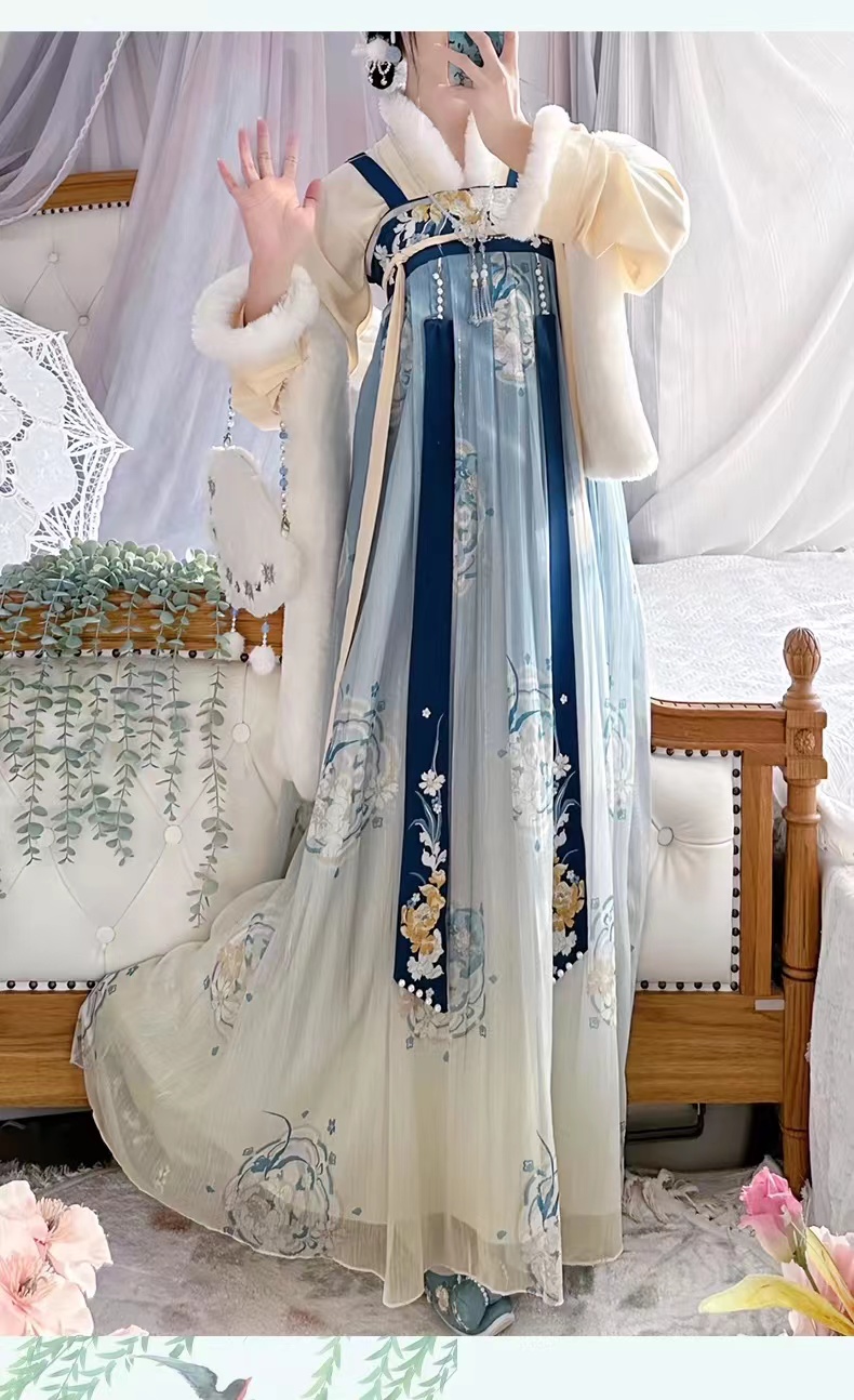 唐制齐胸襦裙汉服女冬季2024新款 浅雪 改良汉元素加厚大袖衫古装