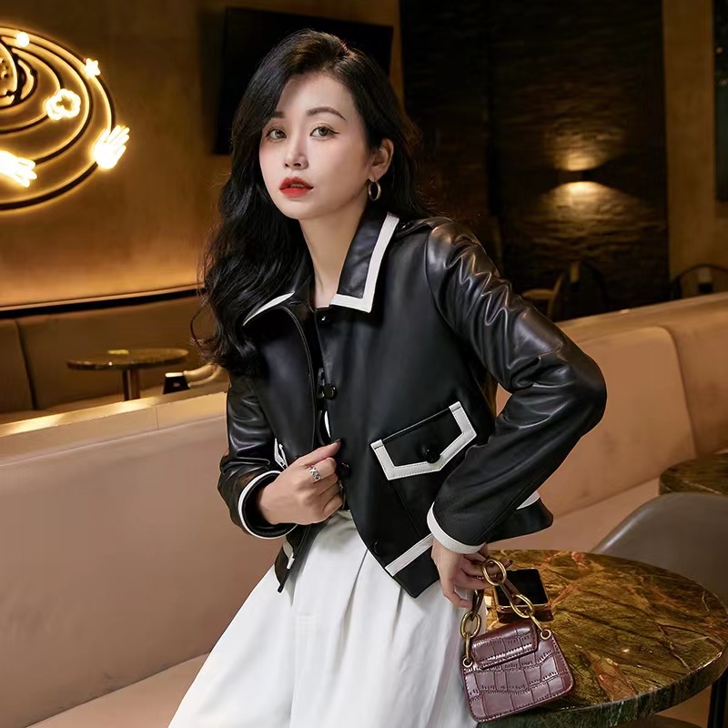 初恋公主时尚春秋冬真皮绵羊皮女士短款皮衣黑色休闲外套韩版气质