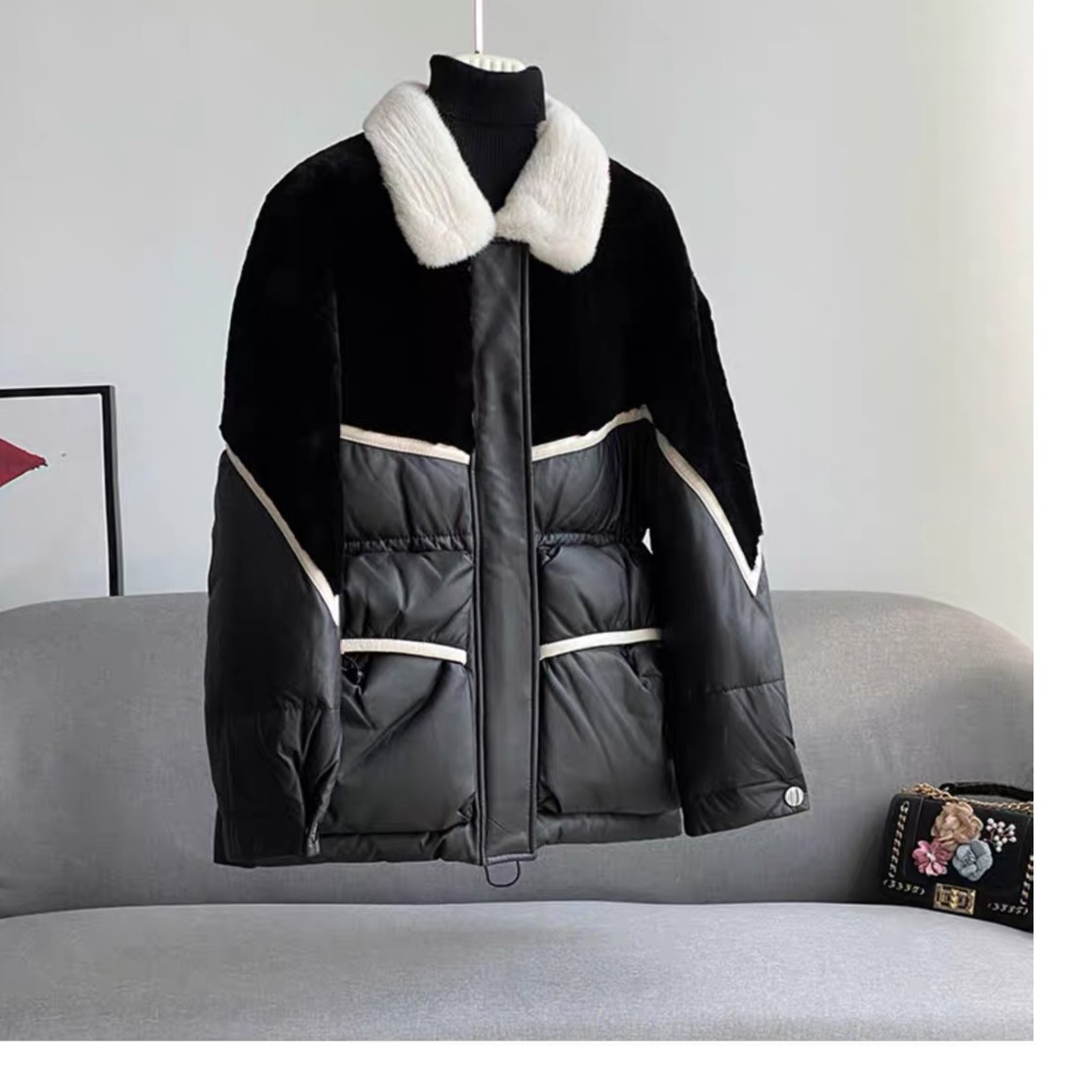 初恋公主领拼皮羽绒中长款冬季短款韩版真皮外套洋气女装冬款