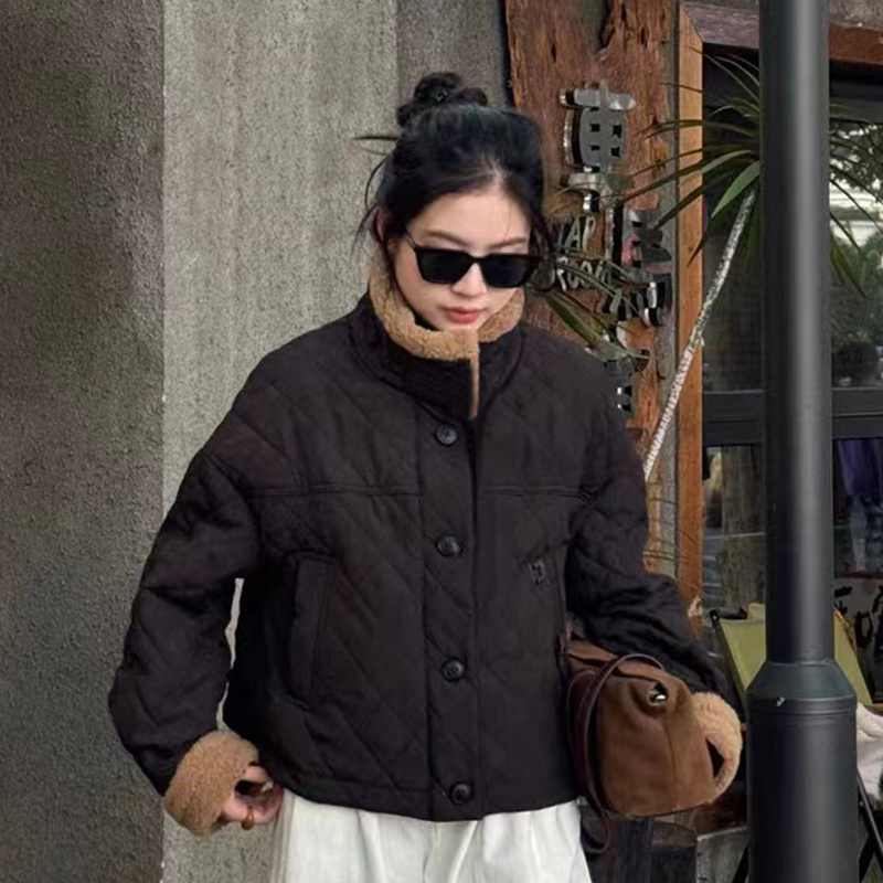 全疆包邮  女士拼接羊羔绒菱格棉服外套休闲时尚百搭  2472