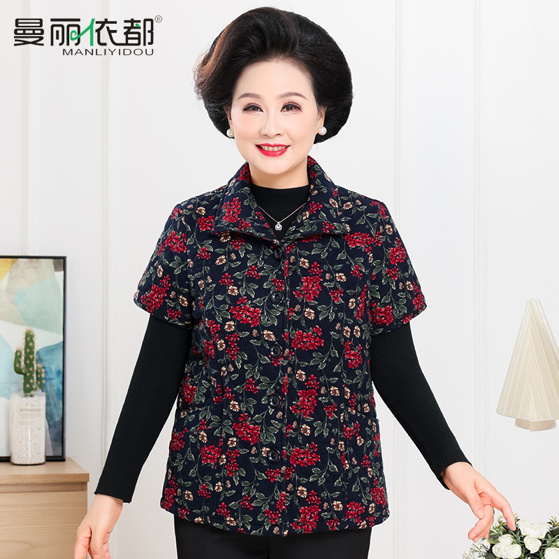 老太太春秋夹棉马甲背心加厚中老年女春装洋气上衣印花纯棉奶奶装