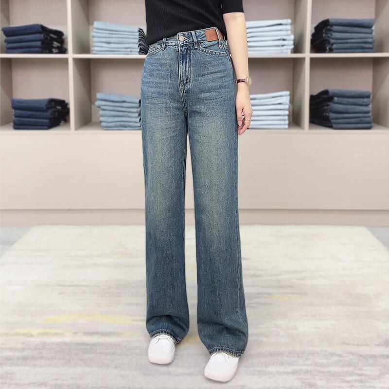 春秋2022今年新款时尚高腰牛仔阔腿裤女做旧梨型身材直筒休闲长裤
