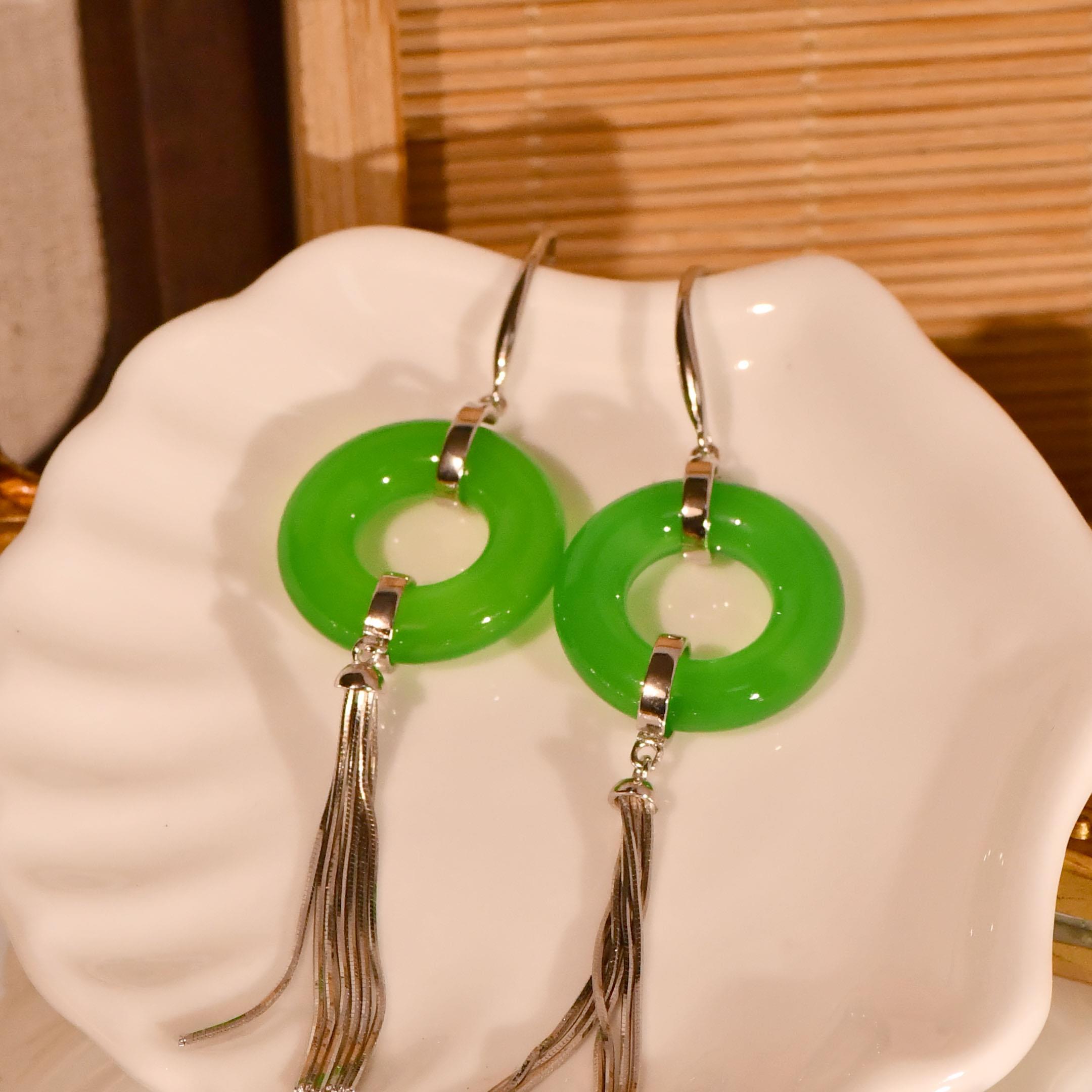 玉髓 【H192】气质高级感平安扣长款流苏银针耳钩耳坠