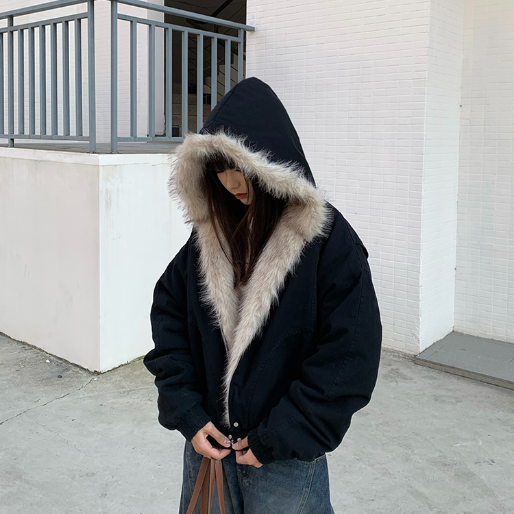 秋冬解构廓形座山雕毛领外套女短款连帽美式派克服冬季加厚棉服男