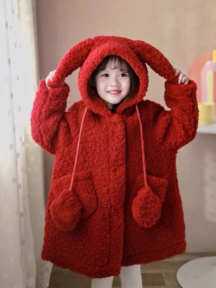 【小糯米新品】冬季女童时尚保暖红色毛毛外套