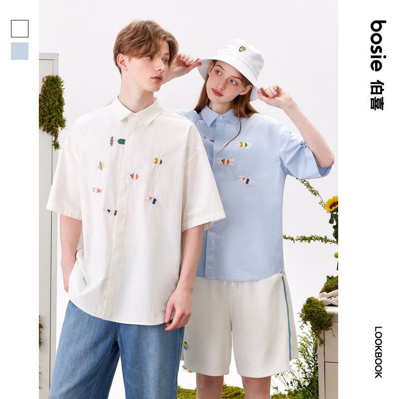 【商场同款】bosie2024年夏季新款绣花宽松短袖衬衫男情侣外套潮
