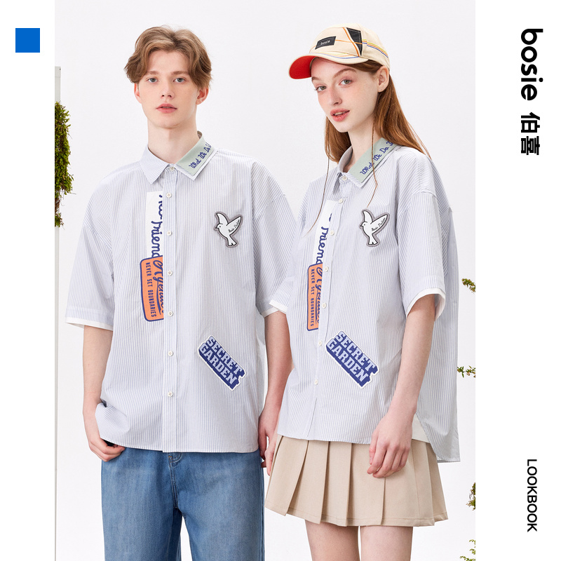 【商场同款】bosie2024年夏季新款秘密花园趣味衬衫男情侣宽松潮