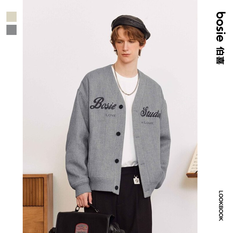 【商场同款】bosie年冬季新款夹克男情侣绣花无领棒球呢外套百搭潮