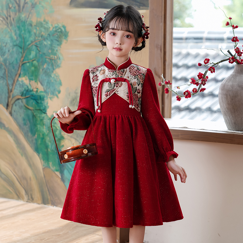 女童连衣裙长袖秋冬加厚中国风新年红色儿童裙子女孩生日公主裙