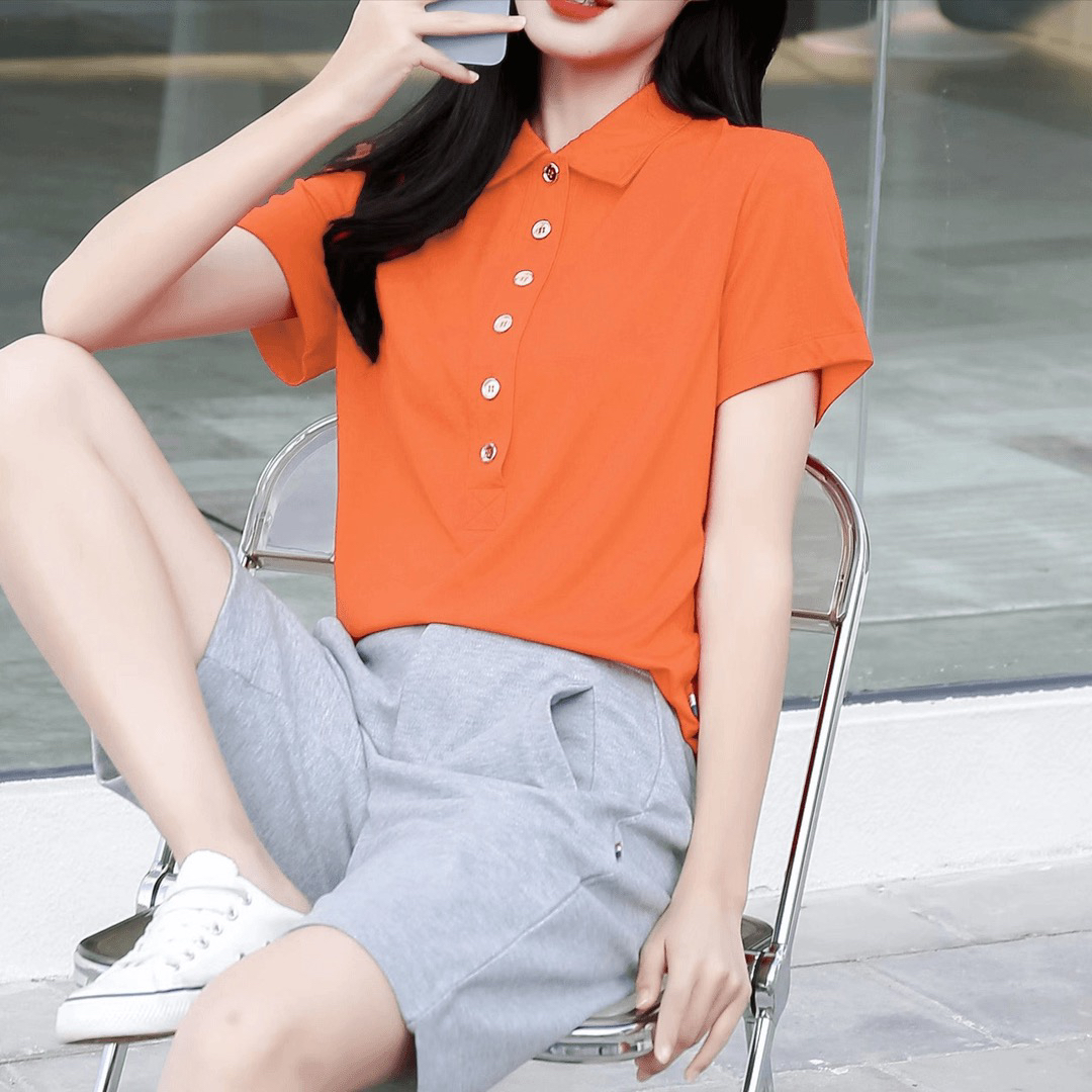（小影名品）8822-4绿色+桔色夏季新款半排纽扣纯色气质女款POLO衫