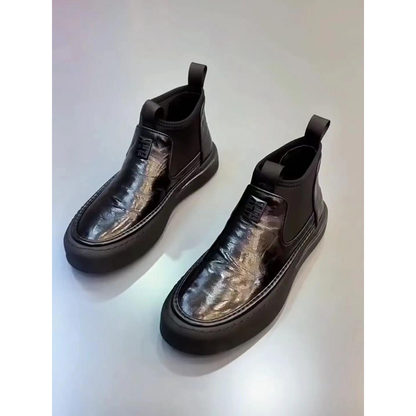 男士马丁靴2024新款新款厚底高帮休闲皮鞋纯舒适一脚蹬加绒短靴男