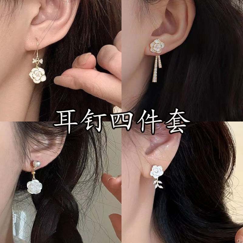 法式小香风山茶花耳钉女蝴蝶结珠珠小众设计感高级耳环耳饰耳坠女
