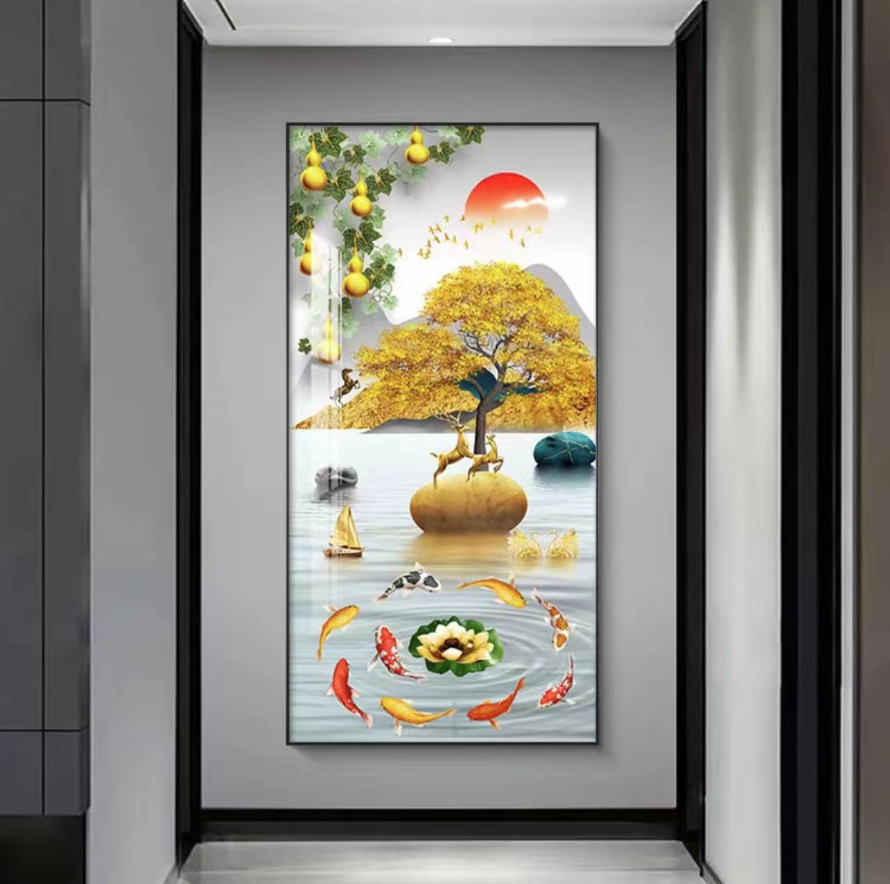 九鱼聚财黄金发财树进门玄关装饰画过道走廊挂画晶瓷立体镶钻框画