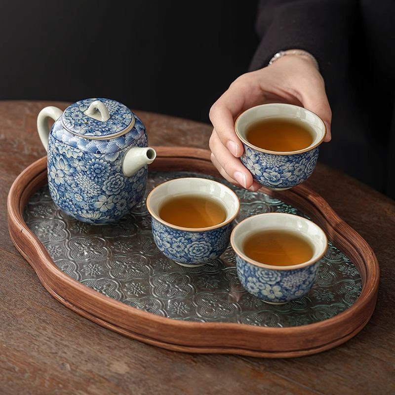 老陶泥青花有方壶家用高档功夫茶具套装一壶三杯配茶盘新中式茶壶