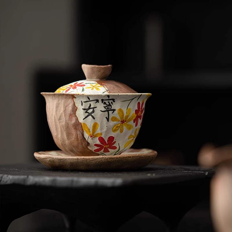 复古柴烧老岩泥陶瓷三才盖碗手绘中式大号家用茶具单个粗陶茶碗