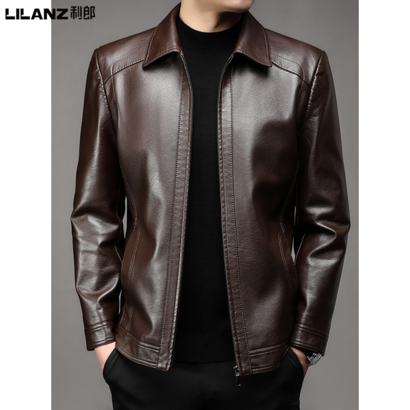 利郎男装2023秋冬皮皮衣中年男士休闲翻领绵羊 皮夹克外套爸爸装