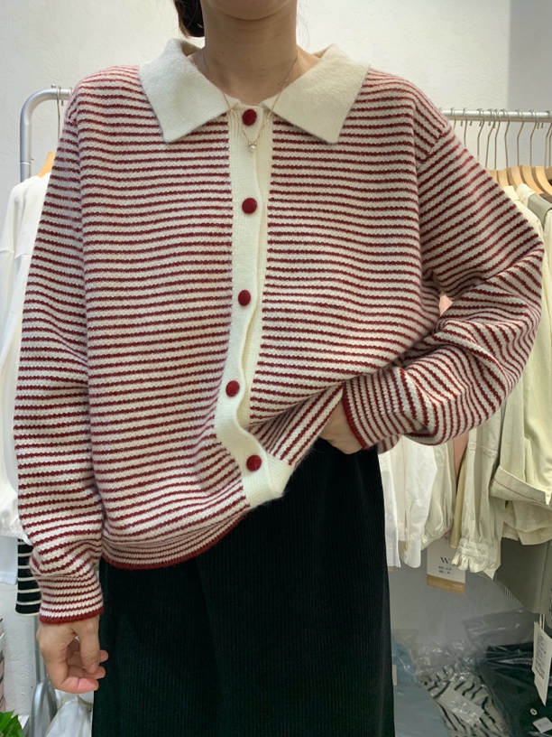 秋冬条纹针织开衫女宽松Polo领小香风毛衣外套简约洋气2024女装新